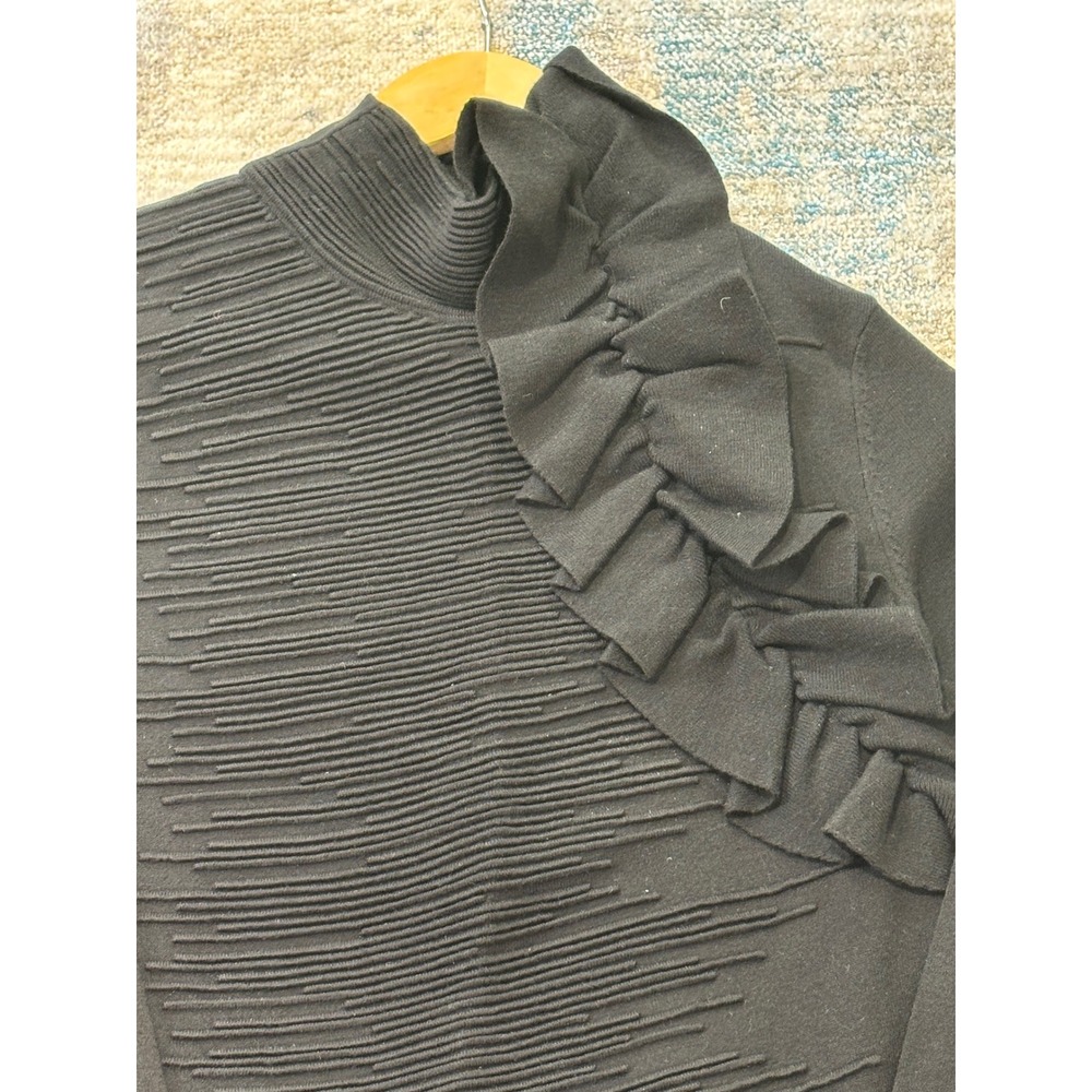 Etcetera Black Ruffle Mock Neck Knit Top Long Sleeve Textured Front Small